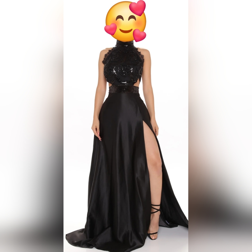 Fashion Nova Black Halter Gown with Embellishments